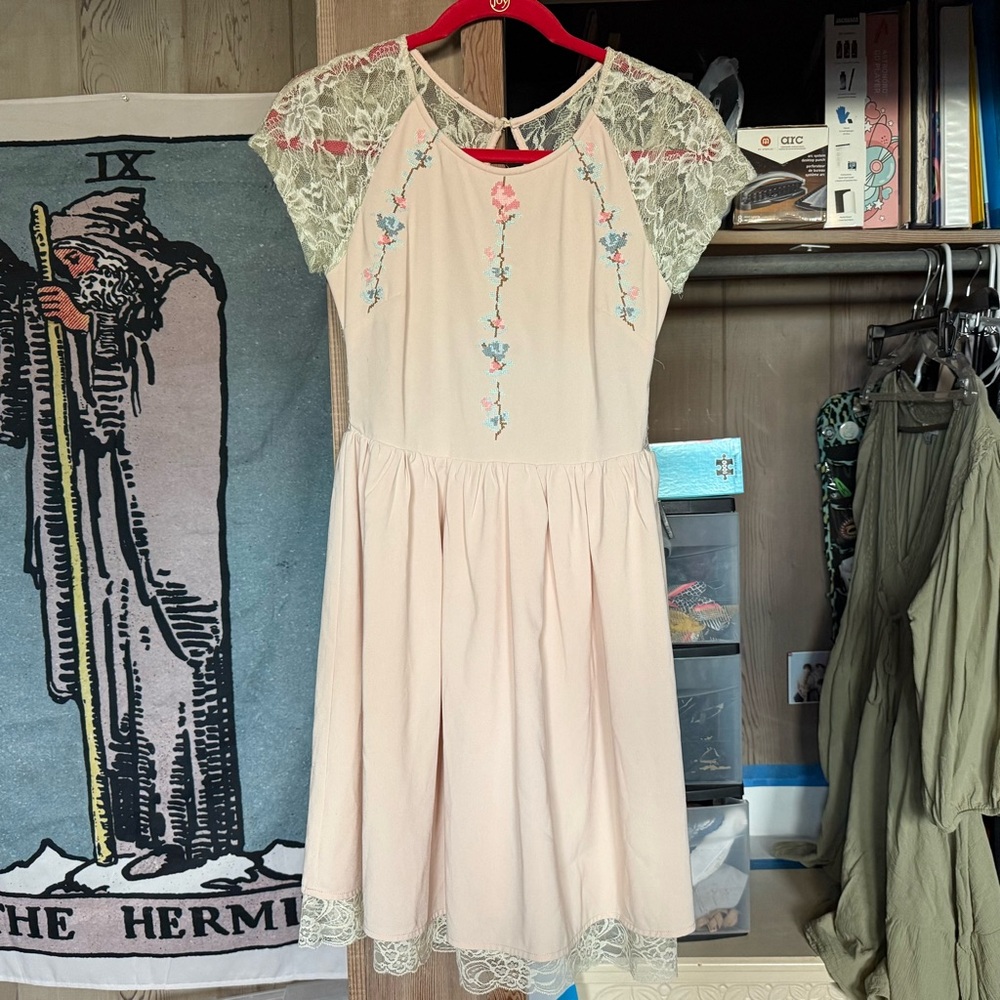 Modcloth Knee- Length Dress with Lace Sleeves and Floral Cross-stitch Detail